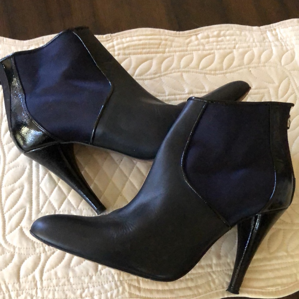 Kenneth Cole Dinner Party Mixed styled patent, leather, & fabric heeled Booties